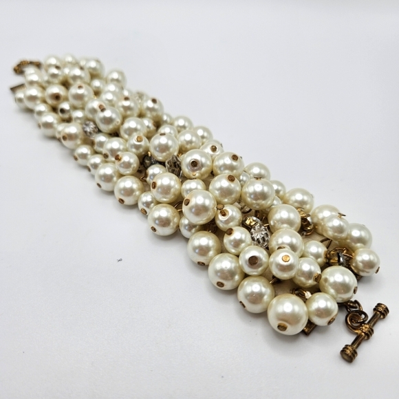 VINTAGE Glass Pearl and Rhinestone Articulated Wide Bead Statement Bracelet - Picture 1 of 8